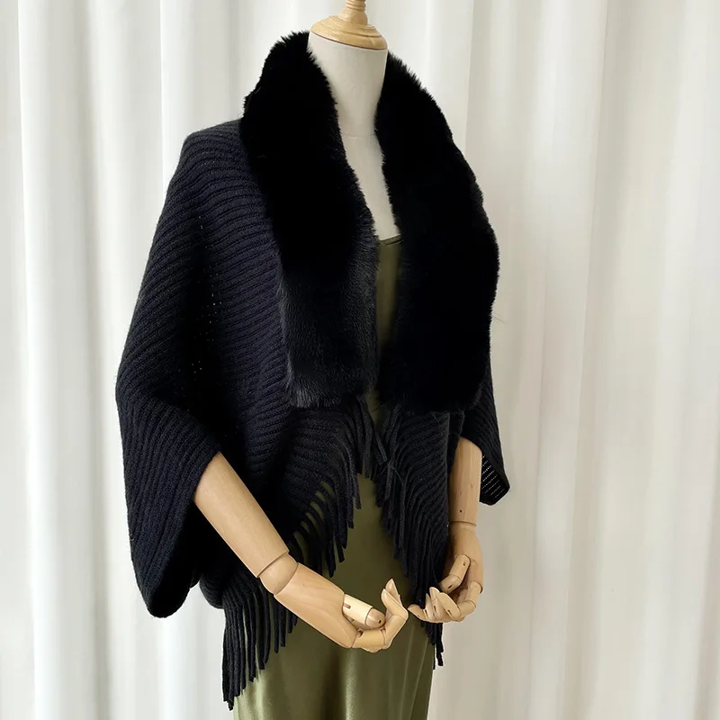 Women Winter Imitation Cashmere Shawl Scarf Lady Elegant Faux Fur Collar Capes Tassel Wraps Long Warm Wraps Cloak Poncho Tops