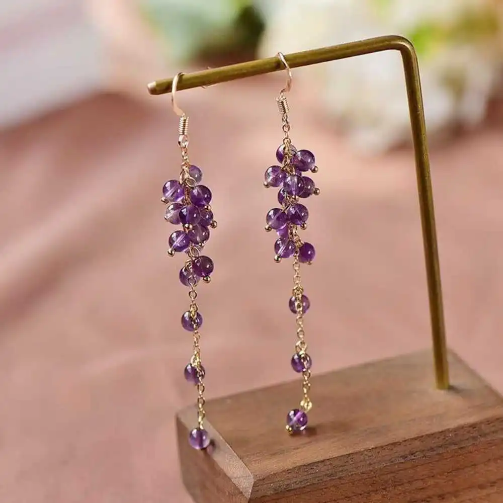 

6MM Natural Amethyst Beads Earrings Grapes Hook Chain Eardrop Mother's Day Party Wedding Beautiful Easter Halloween Women