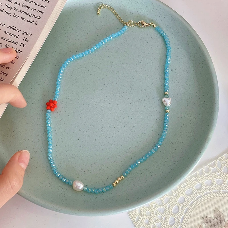 

Cute Blue Crystal Bead Necklace for Women Woven Flower Clavicle Chain Teen Girl Choker Party Summer Accessories Jewelry Collares