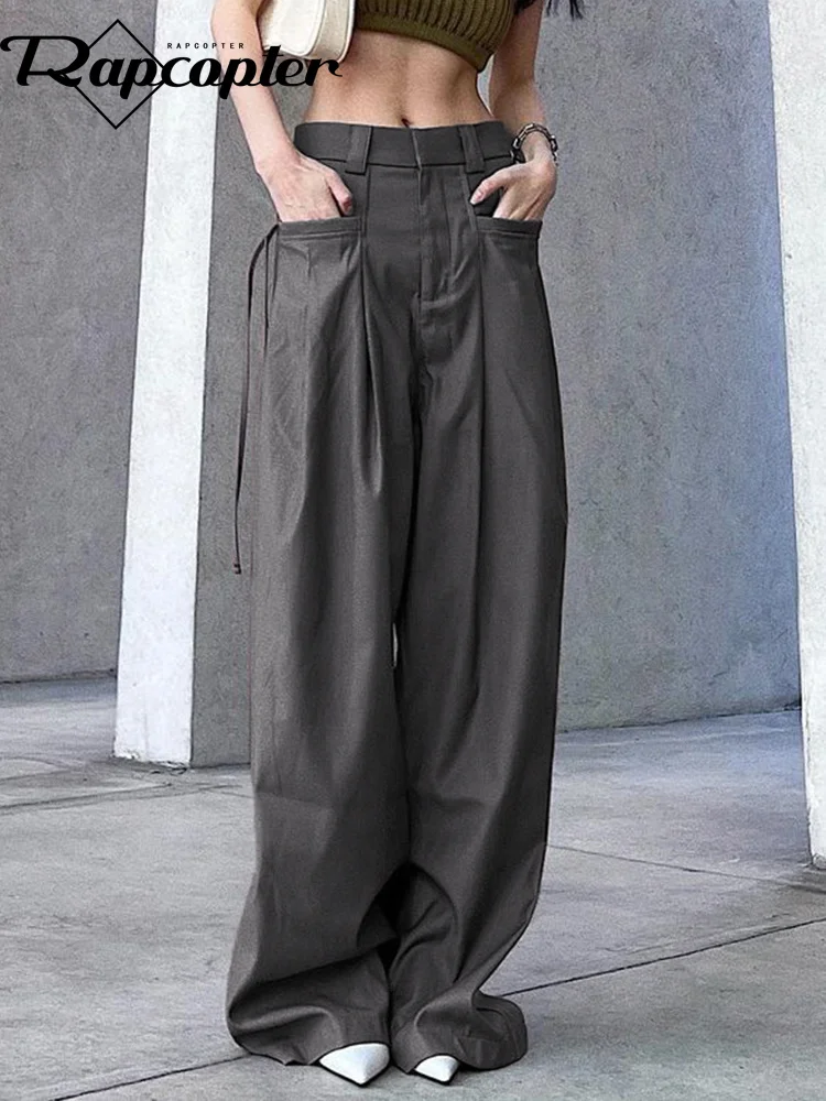 

Grey Wide Leg Trousers Vintage Badange Pockets Pants Grunge Korean y2k Aesthetic Fashion Joggers Baggy 90s