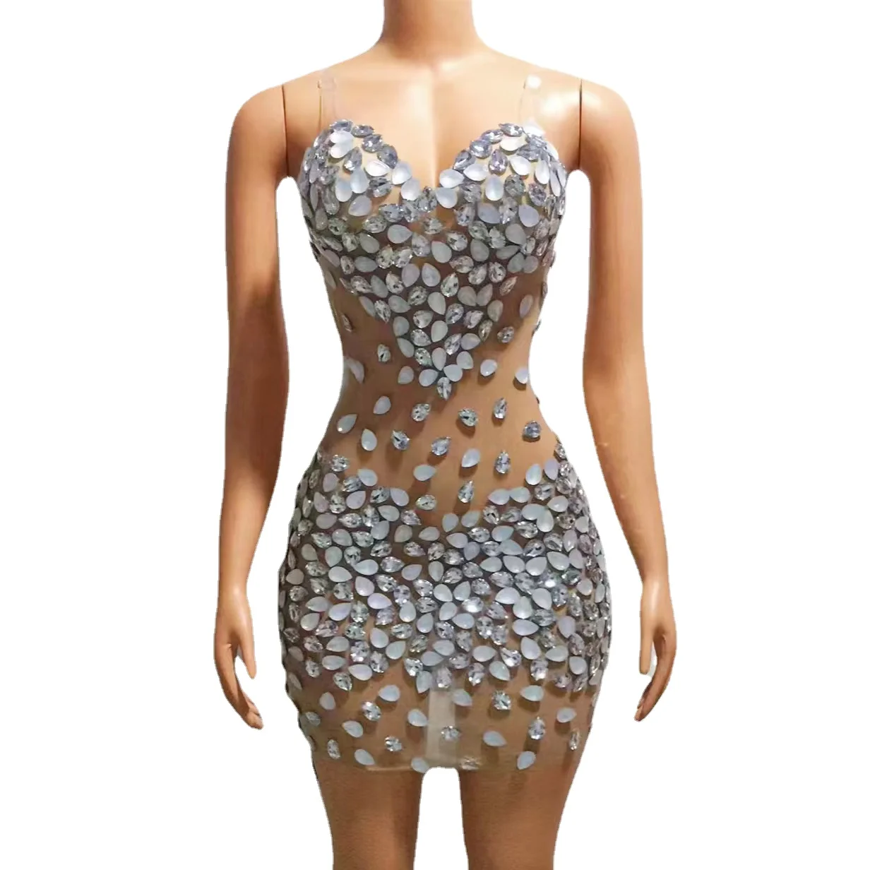 

Sparkly Rhinestones Mesh See Through Short Dress Luxurious Evening Prom Party Celebriate Birthday Dress Sexy Show Stage Wear