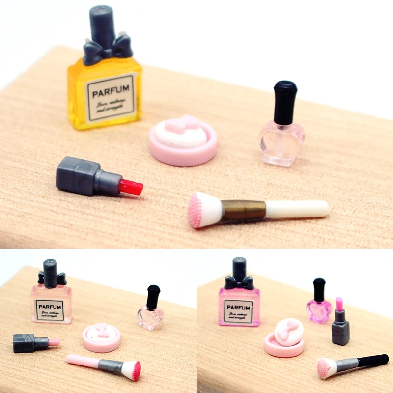 1Set 1:12 Dollhouse Miniature Cosmetic Lipstick Pressed Powder Perfume Makeup Brush Model Doll Scene .Decor Accessories