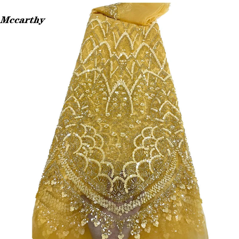 

2022 Luxury Beads Lace Handmade Fabric French Wedding Dress Latest Nigeria Cotton Embroidery White Good Price With Sequins New