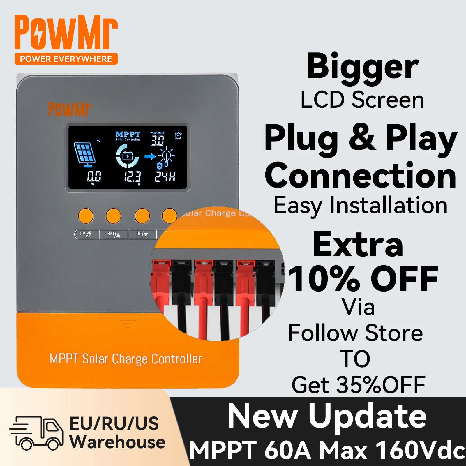 Новый контроллер заряда солнечной батареи PowMr MPPT 60A, 12 В, 24 В, 36 В, 48 В, регулятор батареи с максимальным входным фотоэлектрическим аккумулятором 160 в, 2800 Вт