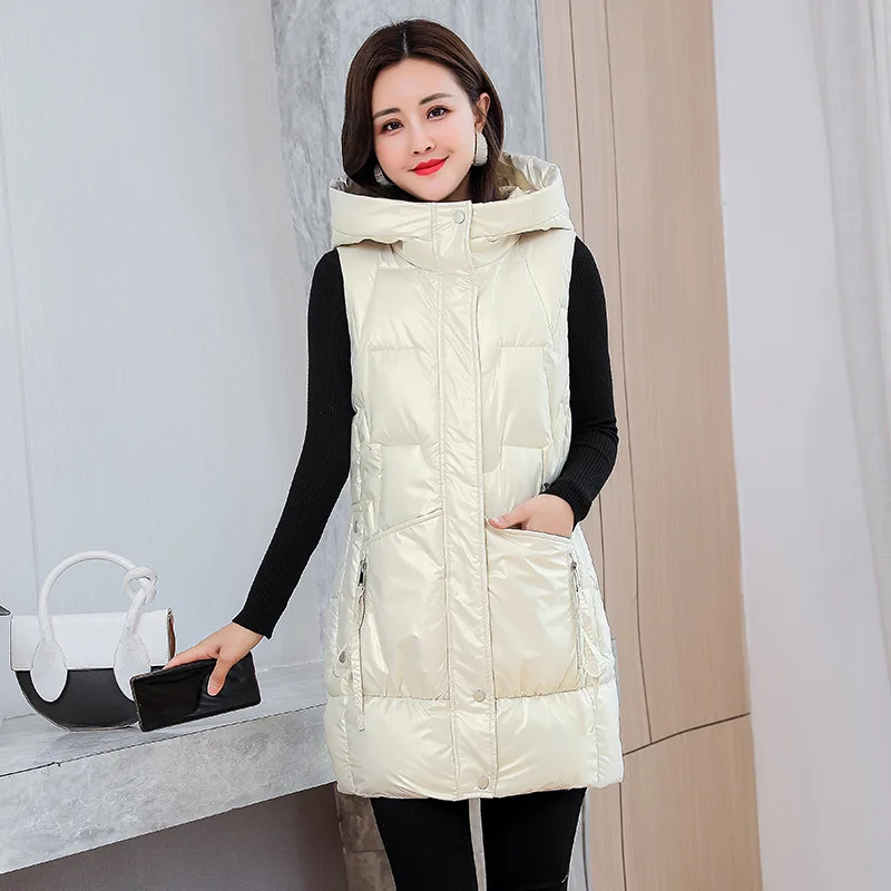 

Snow Wear Warm Long Waistcoat Women Winter Waterproof Vest Jacket Hooded Big Pockets Fashion Glossy Parka Sleeveless Jacket Coat