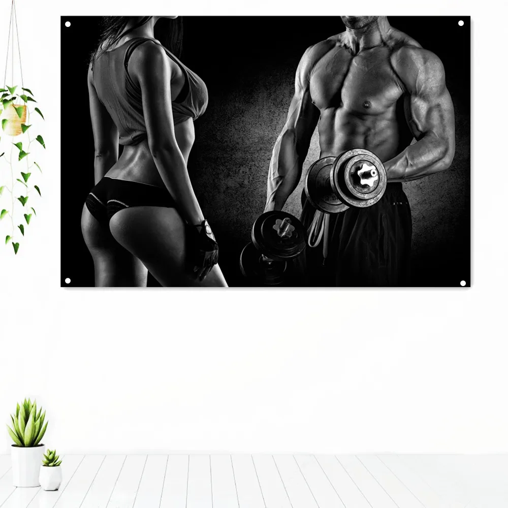 

Gym Wall Hanging Bodybuilding Yoga Workout Banner Flag Stylish Body Builder Couple Fitness Exercise Motivational Poster Tapestry