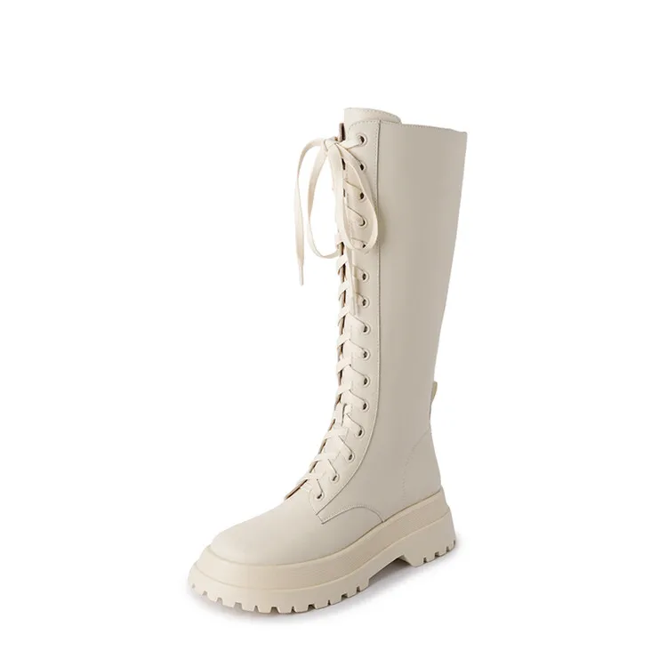 

Autumn and winter boots Platform Flat with Round toe shoes Knee-High for women Martin Boots Lace-up Square heel Neutral style