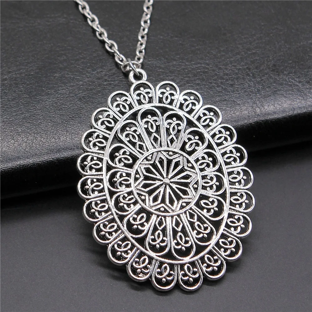 Винтажное ожерелье с кулоном в виде мандалы для женщин и мужчин, длинная цепь под античное серебро, 59x43 мм, модные ювелирные аксессуары