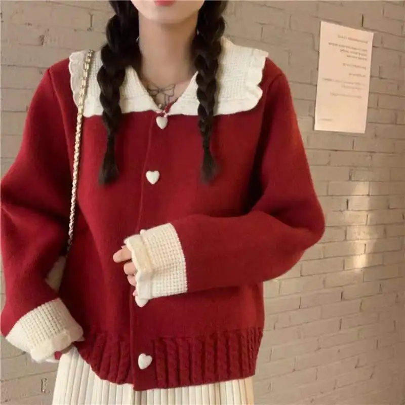 

Knitted cardigan y2k sweater jacket women's autumn and winter love soft waxy doll collar lazy design feeling niche