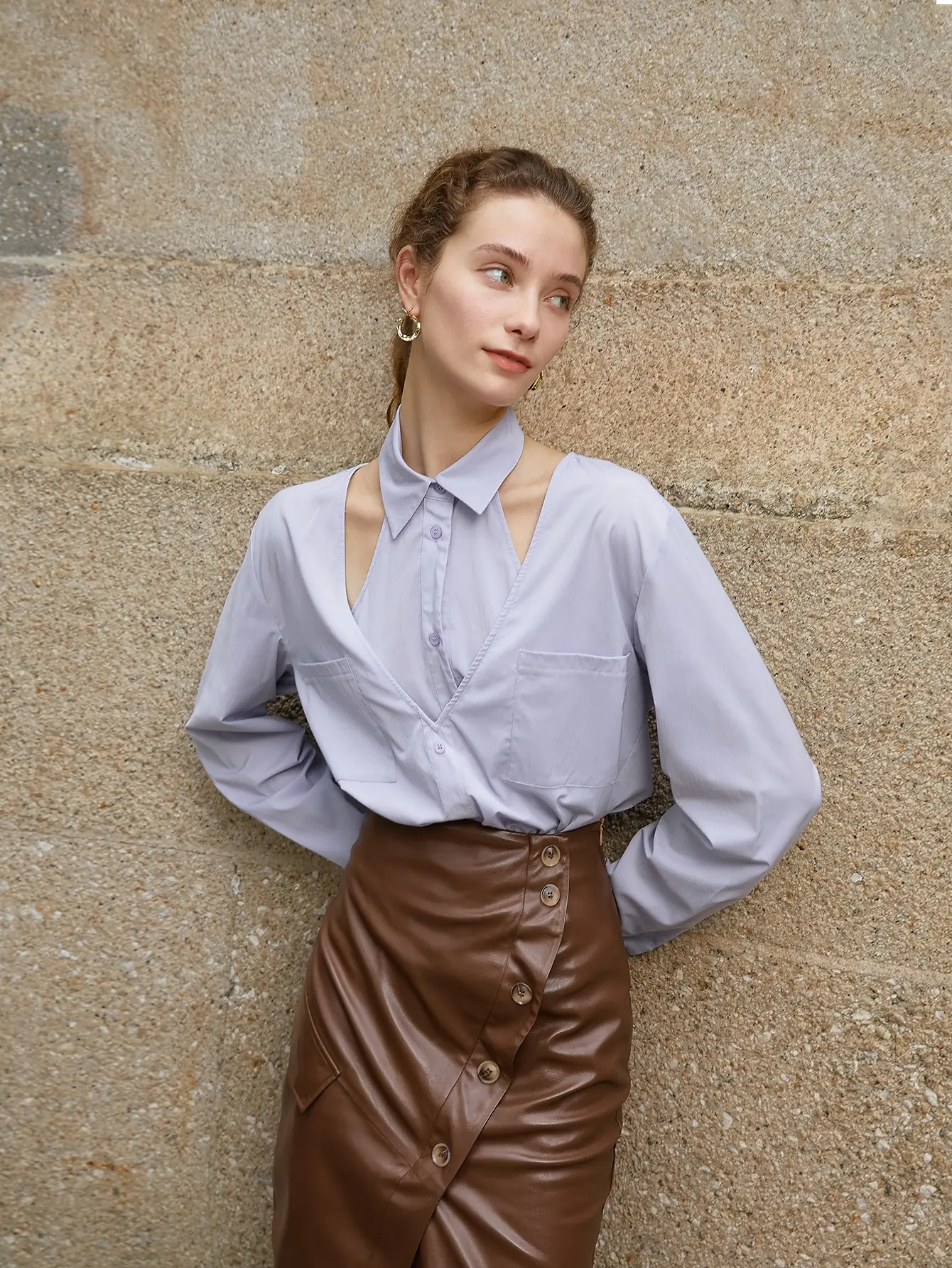 AEL Необычная однобортная кожаная юбка женская с разрезом и высокой талией