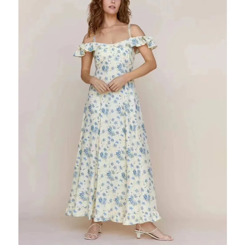 High Quality 2023 Spring Summer Women Fashion Prairie Chic Floral Print Off The Shoulder Folds Midi Dress for Holiday