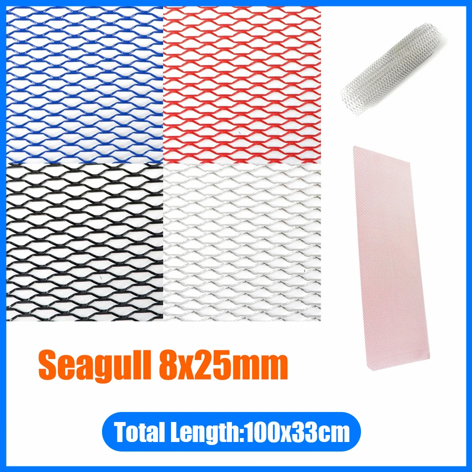

Universal 100x33cm Seagull Hole 8x25mm Aluminium Racing Car Bumper Grille Grill Mesh Net Vent Black Silver Red Blue Tuning