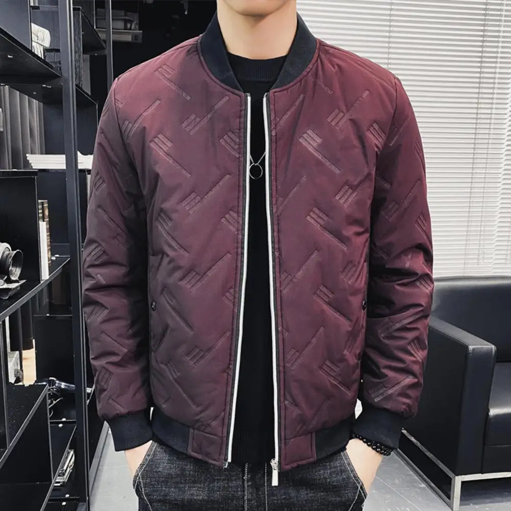 

Winter Plush Lining WindbreakerSolid Color Stand Collar Men Jacket Windproof Long Sleeves Autumn Overcoat for Daily Wear
