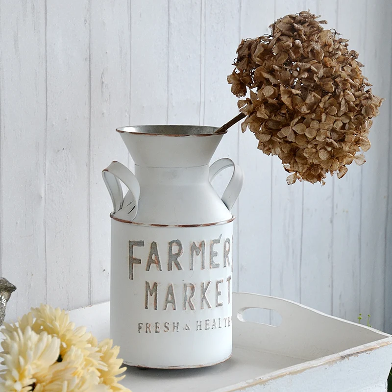 

Vintage Old White Double Ear Iron Bucket Dry Flower Housewarming Decor bottle Bucket Bouquet Shop Florist Vase Supplies Home Pot