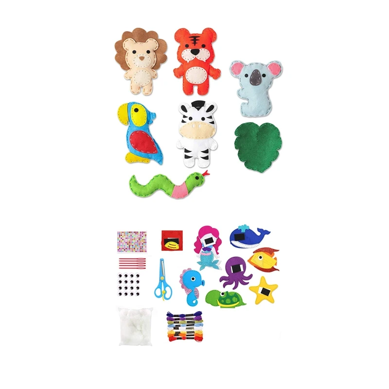 

2Set Felt Sewing Craft Kit For Kids Stuffed Sewing Pack DIY Educational Sewing Toy, Ocean Animals & Jungle Animal