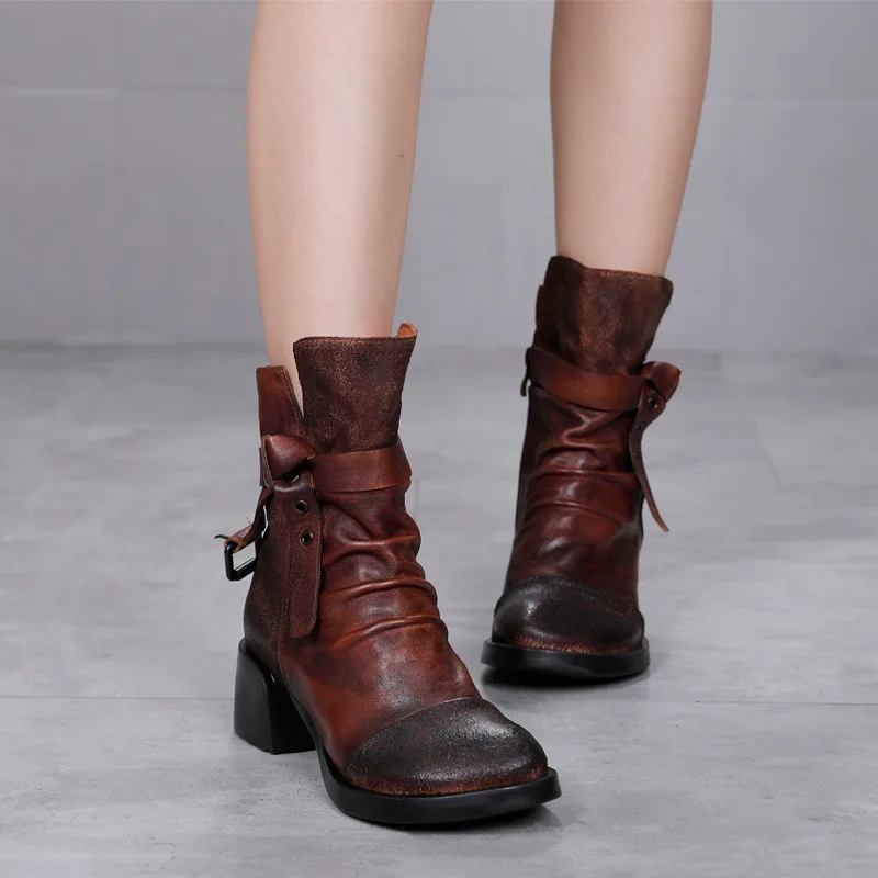 

Designer Luxury Short Boots Autumn and Winter New Round Head Leather High with Knight Boots Female Retro Thick with Short Boots