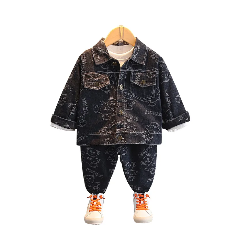 2022 New Kid Boys Clothing Denim Set Jacket+Pants Fashion Coats Cartoon Bear Printed Denim Jackets Toddler Baby Boys' Trousers