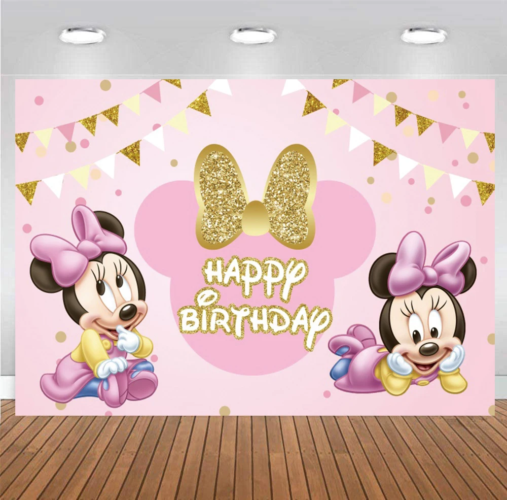 

Disney Princess Minnie Mouse Backdrop Girls Happy Birthday Party Baby Newborn 1st Photography Background Photo Banner Decoration