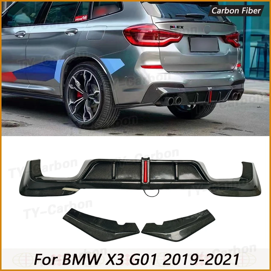 Фото Настоящий карбоновый диффузор-спойлер для заднего бампера BMW X3 G01 2019-2021 с подсветкой, сплиттеры для заднего бампера в стиле K №1