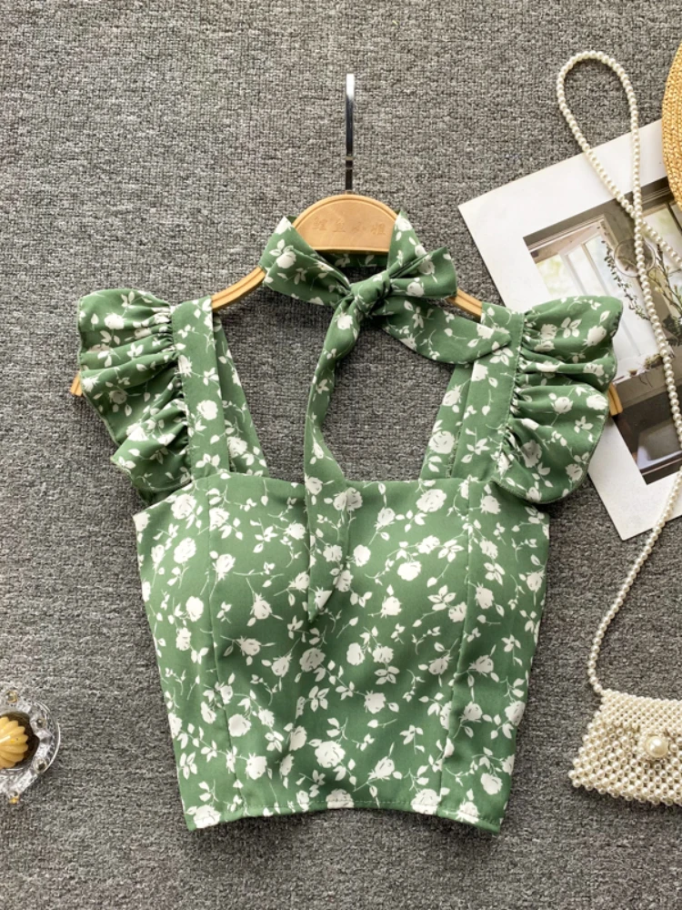 

Women Vest Summer Polyester Ruffles Spaghetti Cami Printed Flowers Camisoles Female Tank Tops Ladies Short Bottomed Slim Tops
