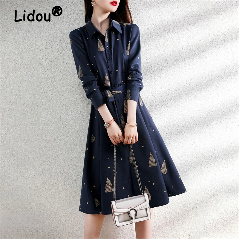 Купи Autumn 2022 Elegant Fashion Printed Bandage A-line Dresses Female Clothing Long Sleeve Turndown Collar Loose Pullover Midi Dress за 1,226 рублей в магазине AliExpress