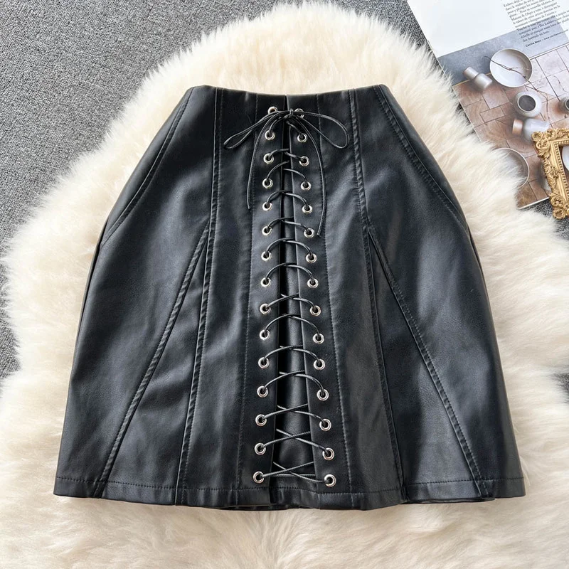 

Pu Skirts Sexy&club High Waist Lace-up Jupe A-line Mujer Faldas Mini Leather Bust Skirt Black Casual Women Clothes Dropshipping