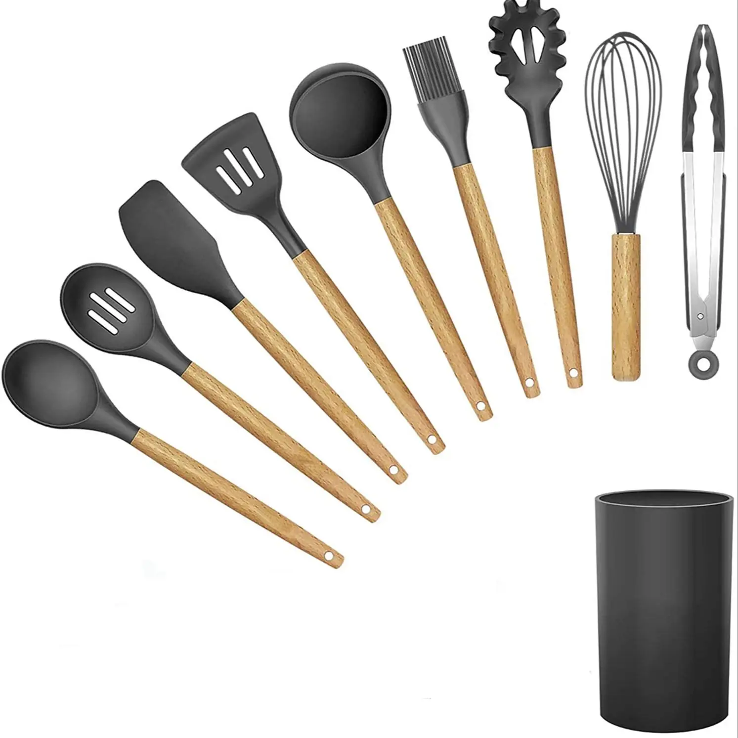 

10 Piece Silicone Cooking Kitchen Utensil Set Cooking Tool Set With Wood Handles Turner Tongs Spatula Spoon BPA Free Non Toxic