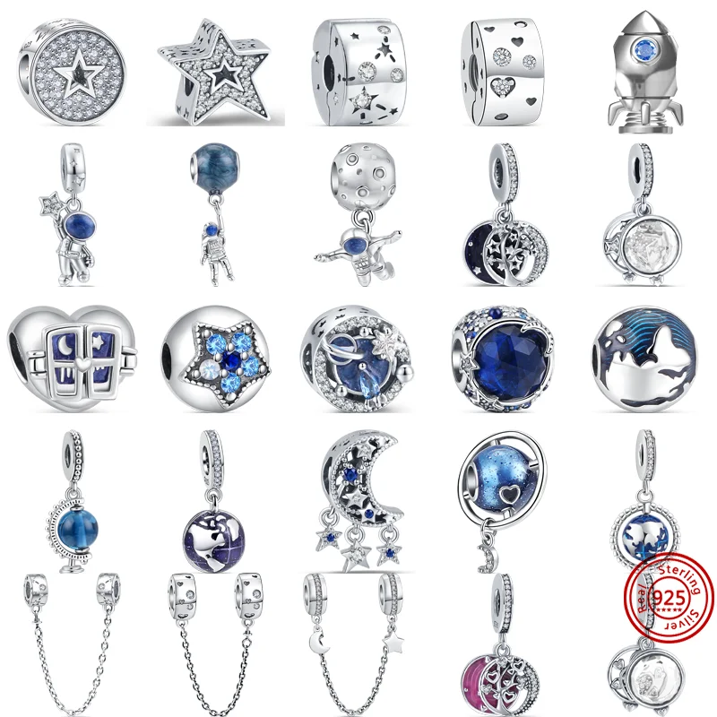 

Fit Original Pandora Charm Bracelet Women Jewelry 925 Sterling Silver Blue Galaxy Travel Astronaut Earth Stars Moon Rocket Beads