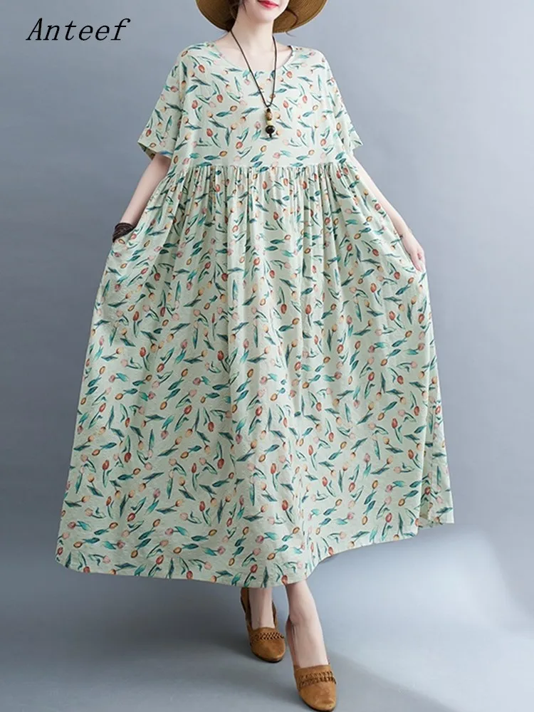 

Женское винтажное платье с цветочным принтом Anteef, повседневное Свободное длинное летнее платье с коротким рукавом, 2023