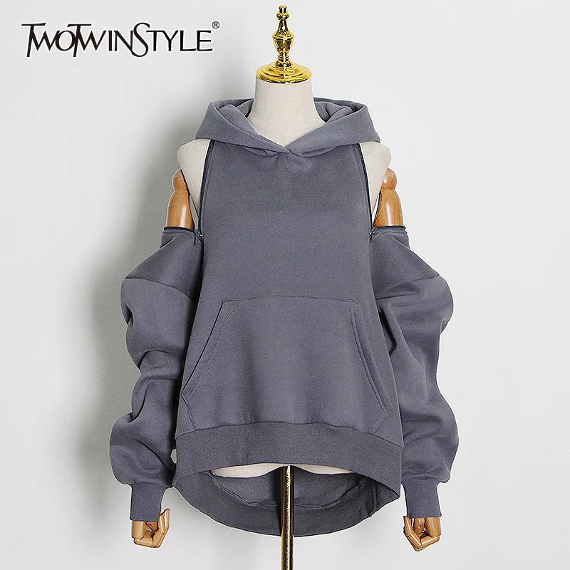 

Женский свитшот с капюшоном TWOTWINSTYLE, Осенний однотонный свитшот с длинными рукавами и вырезами