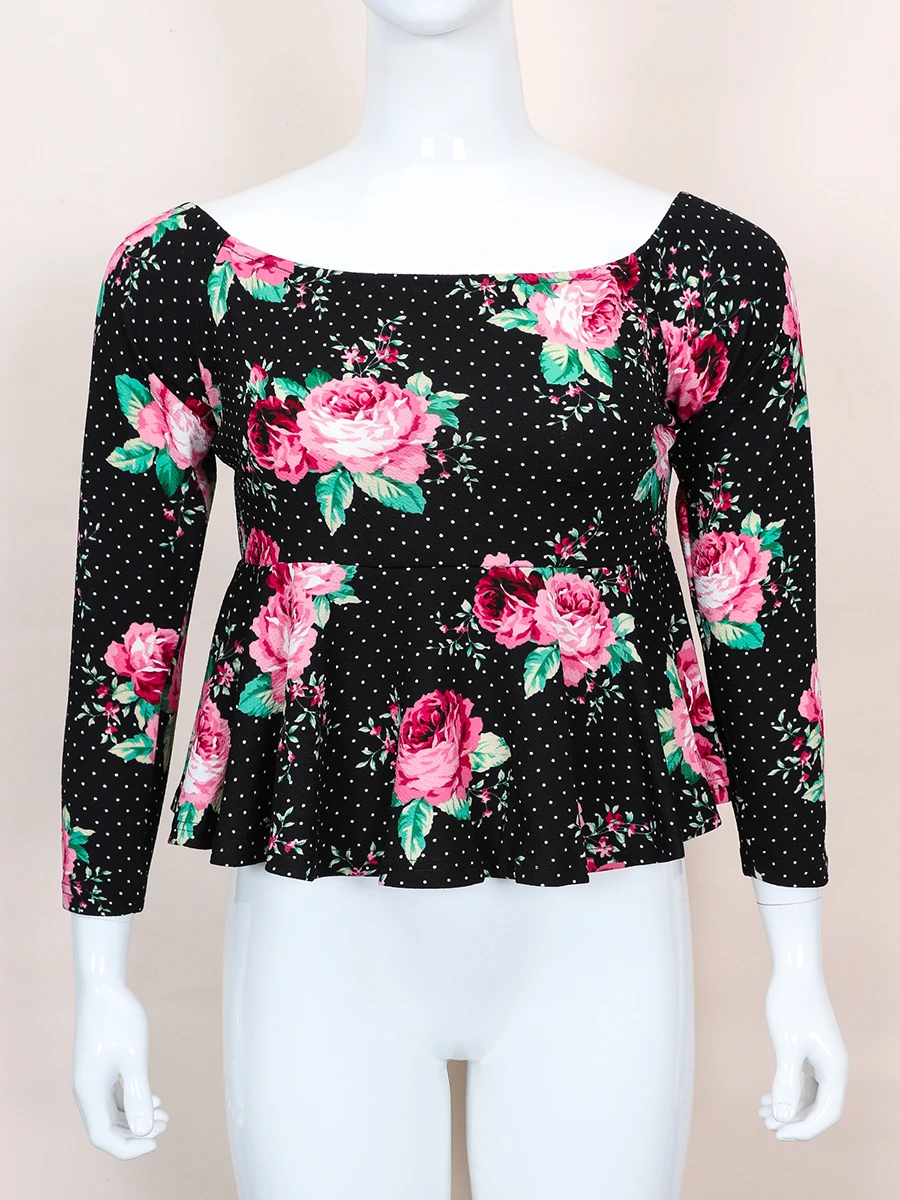 Finjani Plus Size Tee 2022 Rustic Vintage Rose Print T-Shirt Long Sleeve Women's One-piece Neck Tops