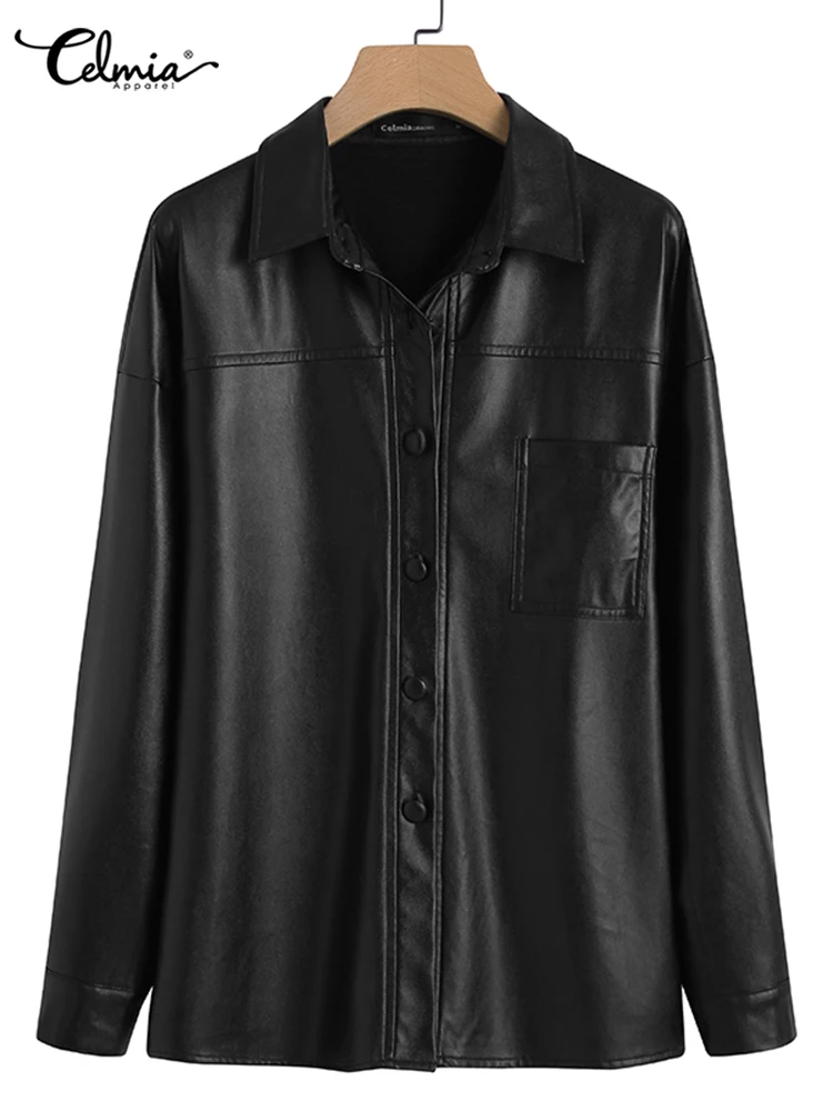 Womens Leather Jacket Autumn 2022 Thin Bomber Jacket Celmia Vintage Long Sleeve Coats Buttons Lapel Casual Solid Work Outerwear