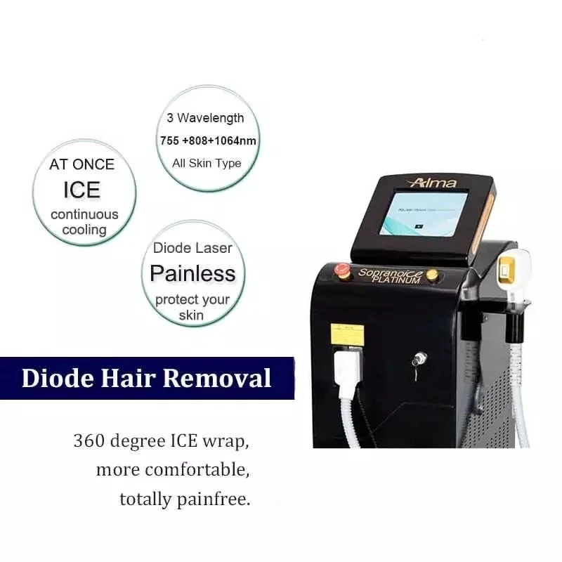 

New 1200W Alma Laser Soprano Ice Platinum Triple Wavelength 755 808 1064 Soprano Ice Diode Laser Hair Removal Machine