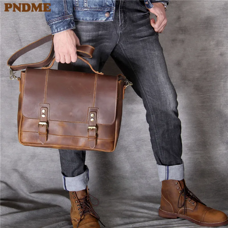 Business vintage crazy horse cowhide men's briefcase genuine leather lawyer brown handbag 13 inch laptop shoulder messenger bags