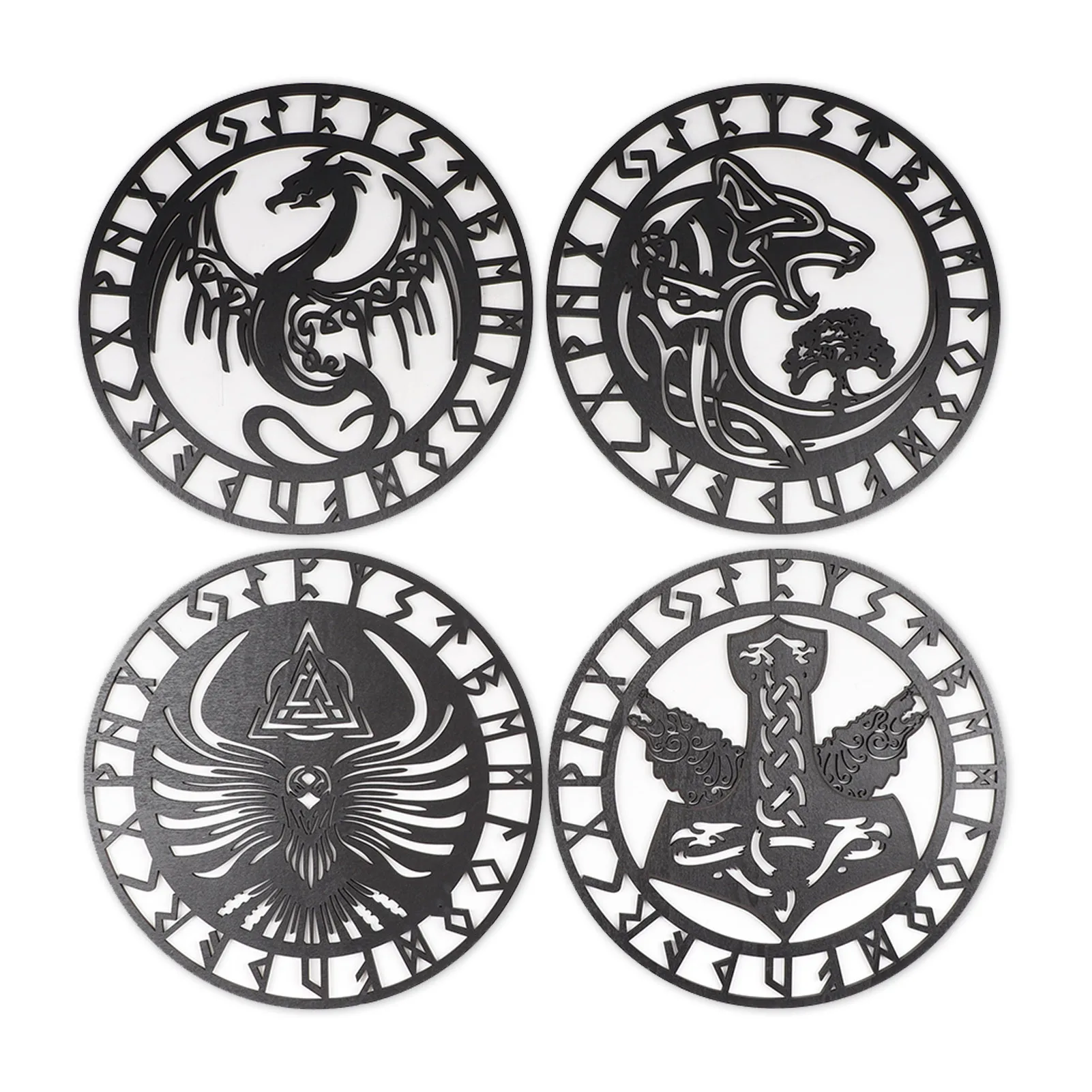 

4PCS Wood Round Wall Art Nordic Viking Decor Norse Mythology Celtic Symbols Interior Decoration Home Wall Decor Wall Art Decor
