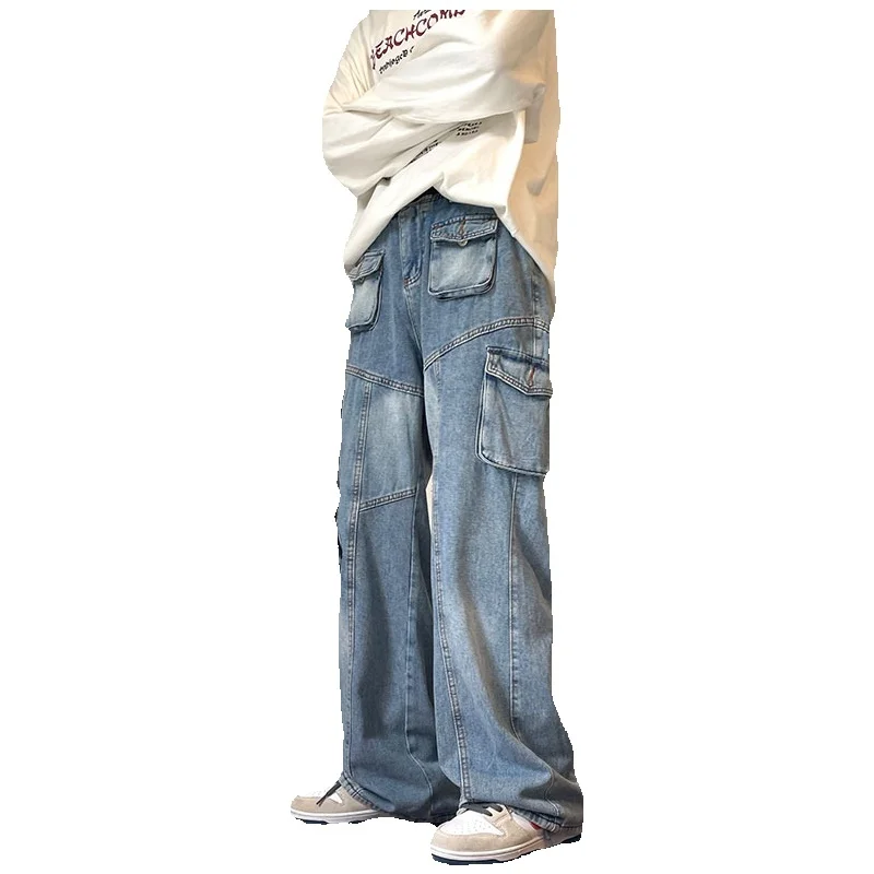 Blue Baggy Jeans Men Fashion Multiple Pockets Cargo Jeans Men Streetwear Hip Hop Loose Straight Denim Pants Mens Trousers M-2XL