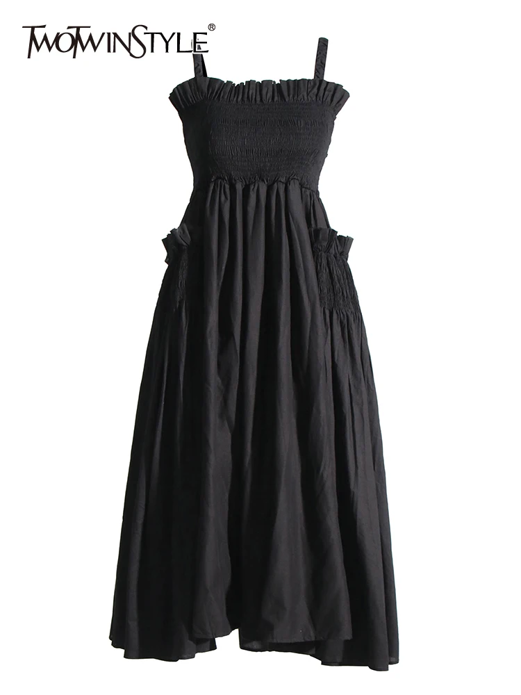 

TWOTWINSTYLE Solid Casual Dresses For Women Square Collar Sleeveless High Waist Patchwork Folds Slip Dress Female Clothing 2023