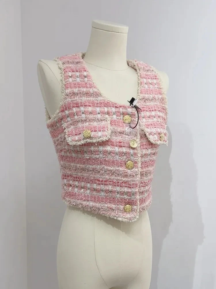 

2023 New Summer Korean Casual Tweed Vest Jackets Women Sleeveless Elegant Office Lady Outwear Crop Top Female