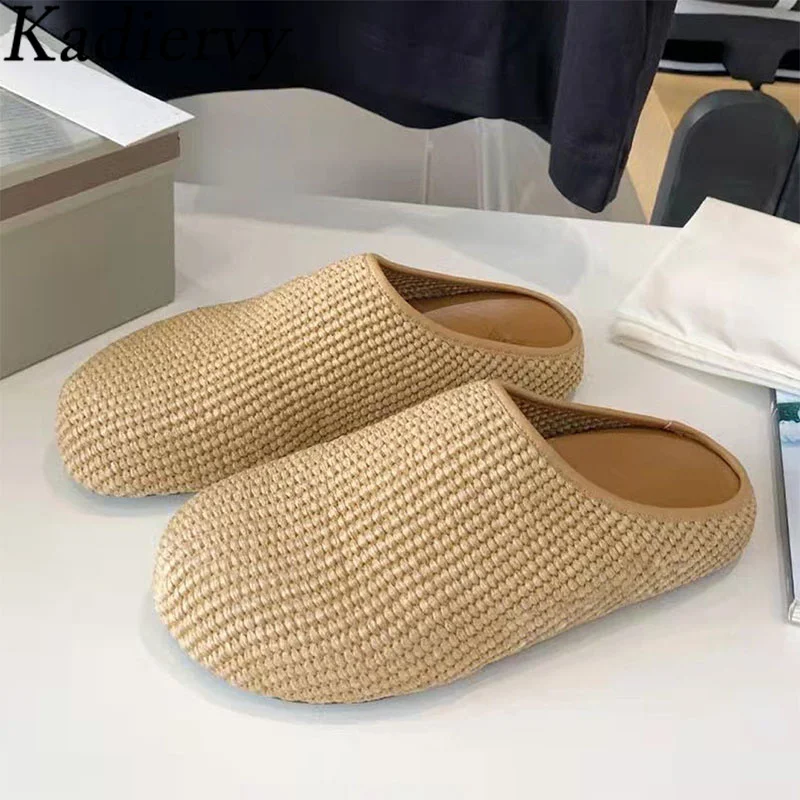 

Knitting Slippers Women Round Toe Flat Slides Woman Black Apricot Green Mules Shoes Braided Half Slippers Woman Zapatillas Mujer