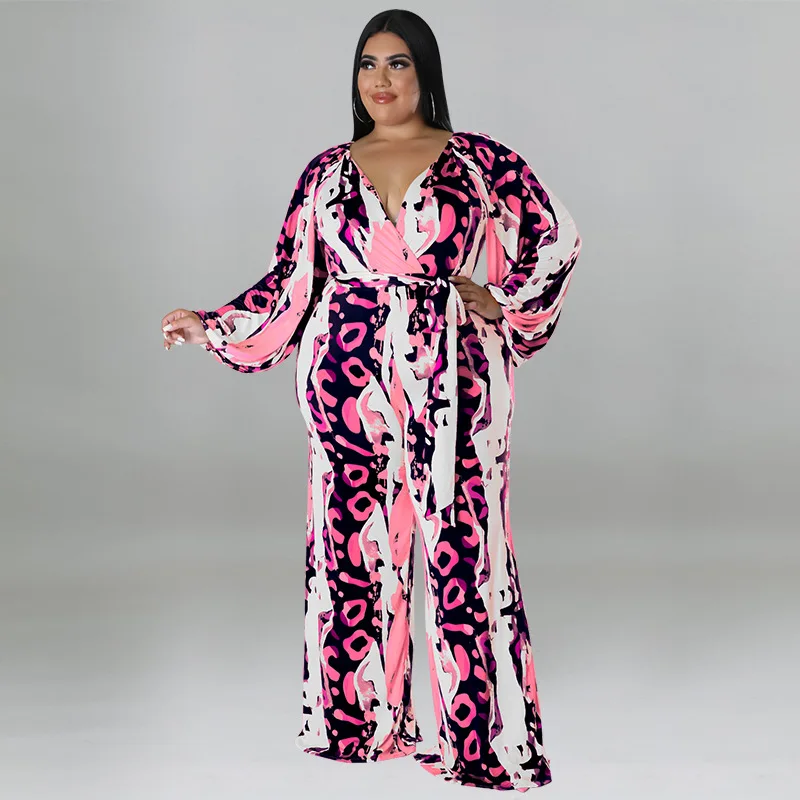Plus Size Women 5xl Jumpsuit V Nexk Print One Piece Outfit Sexy Fashion Wide Leg Pant Lady Club Fall Belt Wholesale Clothes