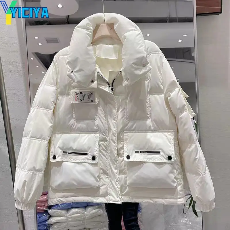 YICIYA Winter Jacket Women 2023 New Fashion Coats Stand Collar Solid Color Warm Parkas Oversize Pockets Zipper Jackets Women Y2k