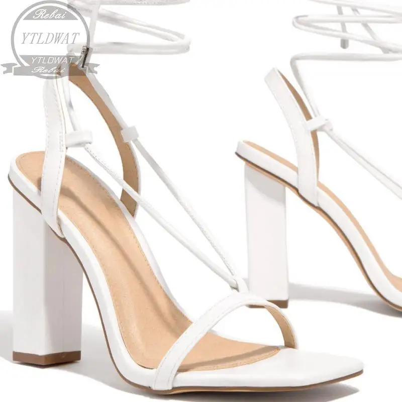 Summer Chunky Heel Sandals Open Round Toe Lace Wedge  Sandal Solid Platform Shoes Cross Strap Womens  s 2022 New