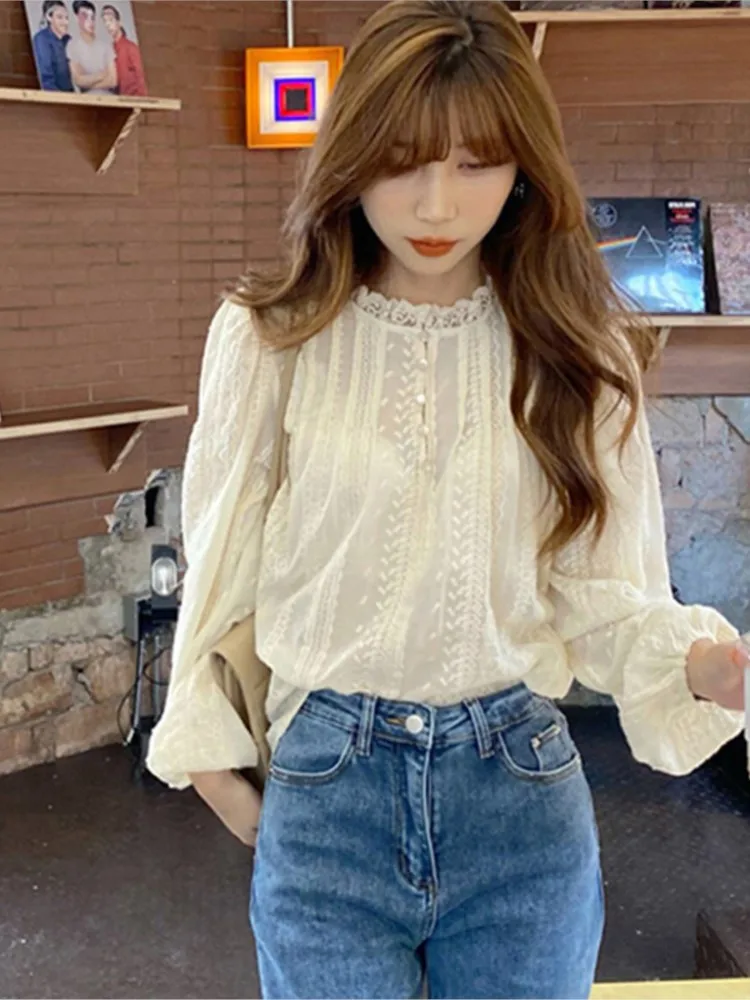 Женская кружевная блузка с круглым вырезом элегантная повседневная Свободная