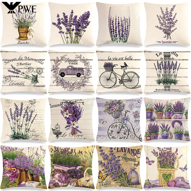 

Retro Poster Lavender Cushion Cover 45x45 Purple Flowers Letter Pillowcase Farmhouse Home Sofa Car Decorative Throw Pillow Cover