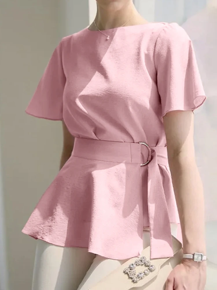 

Женские Элегантные туники ZANZEA с коротким рукавом, повседневные топы с баской, блузы с оборками и поясом, летняя модная блузка в Корейском ст...