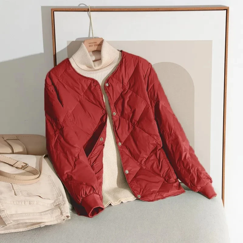 Down Jacket Womens Diamond-shaped Short Loose Thin White Duck Down Coat 2022 Autumn Winter New Fashion All-match Casual Parkas