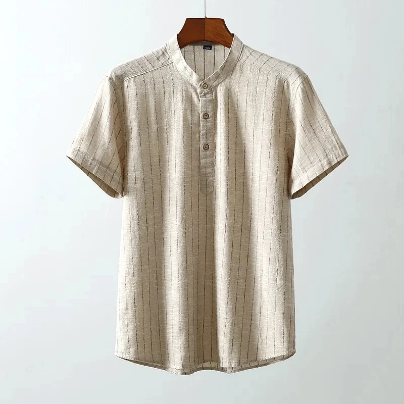 

Camisas De Hombre 2022 летняя хлопковая Льняная мужская рубашка Повседневная модная рубашка со стоячим воротником и короткими рукавами мужская одеж...
