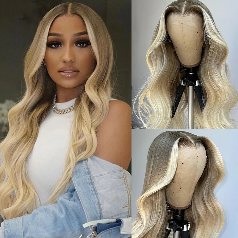 

Soft Long Highlight Ombre Ash Blonde Gray Full Lace Wig With 4x4 Silk Base For Women Body Wave Human Hair Baby Hair Preplucked