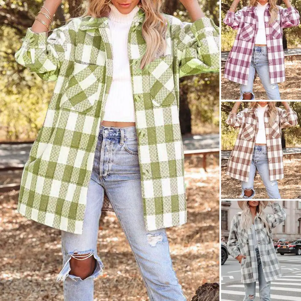 

Женское однобортное пальто в клетку, теплая Свободная куртка контрастных цветов на пуговицах, с длинными рукавами и карманами, Осень-зима