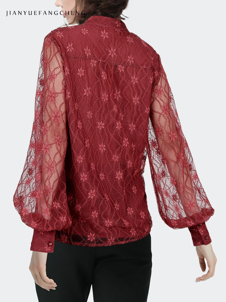 Женская кружевная блузка с V-образным вырезом и рукавами-фонариками